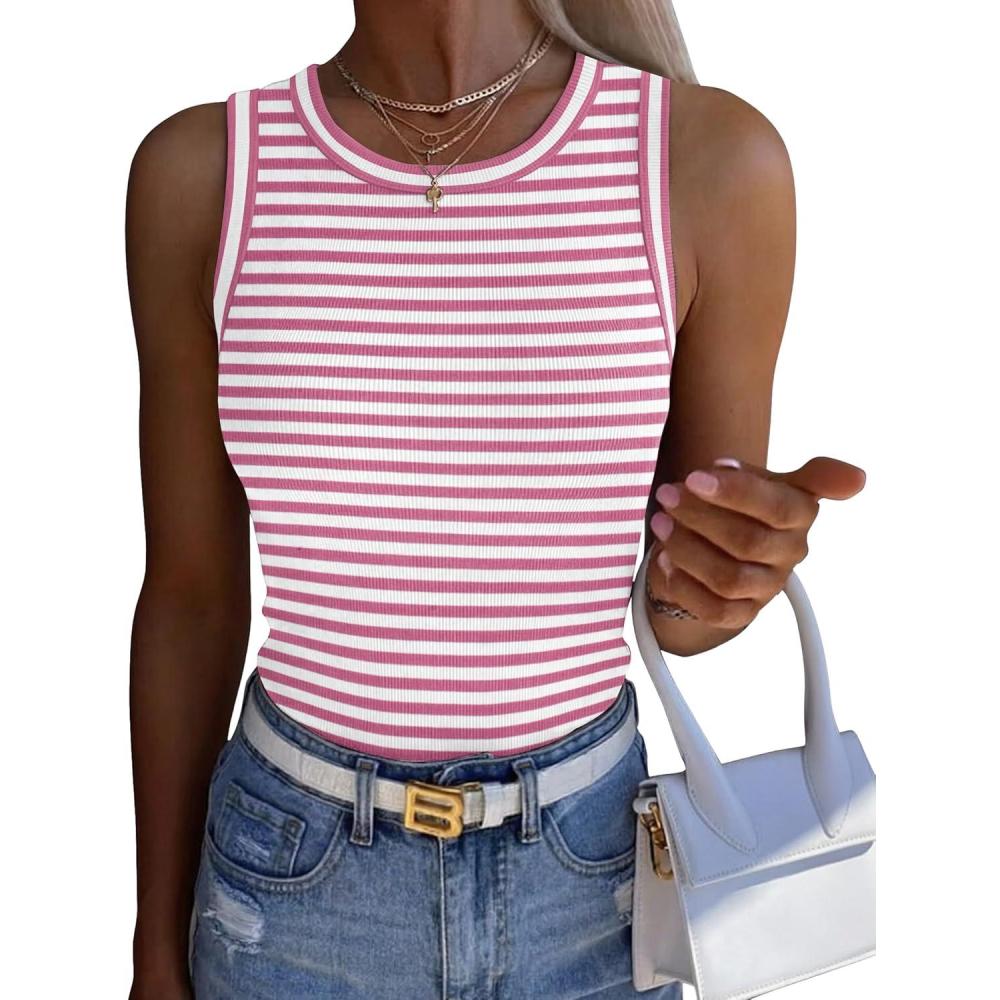 imageZeagoo Womens Sleeveless Crewneck Ribbed Tank Tops Casual Basic Summer Top Slim Fitted Racerback ShirtsRose Pink Stripe