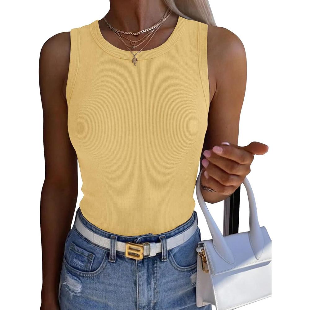 imageZeagoo Womens Sleeveless Crewneck Ribbed Tank Tops Casual Basic Summer Top Slim Fitted Racerback ShirtsYellow