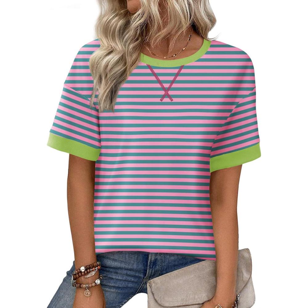 imageZeagoo Womens Tops Casual Oversized Short Sleeve Sweatshirt Summer Striped Shirt Crewneck Pullover Loose T Shirts BlousePinkgreen