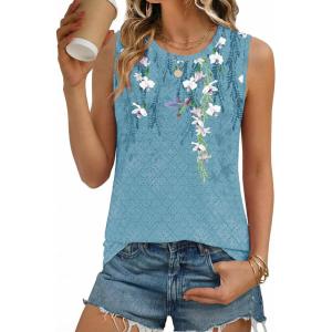 Zeagoo Tank Tops for Women Sleeveless Eyelet Shirts High Neck Cute Summer Top Loose Fit S-XXL(Floral Bf202)