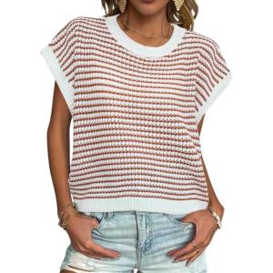 Zeagoo Women’s Cap Sleeve Sweaters Vest Crew Neck Knit Sweater Tops 2026 Casual Summer Sleeveless T Shirt(Stripe Red)