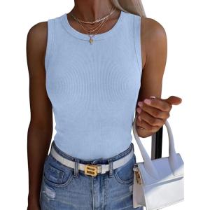 Zeagoo Womens Sleeveless Crewneck Ribbed Tank Tops Casual Basic Summer Top Slim Fitted Racerback Shirts(Light Blue)
