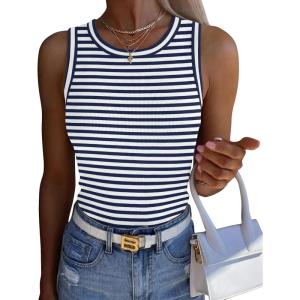 Zeagoo Womens Sleeveless Crewneck Ribbed Tank Tops Casual Basic Summer Top Slim Fitted Racerback Shirts(Navy White Stripe)