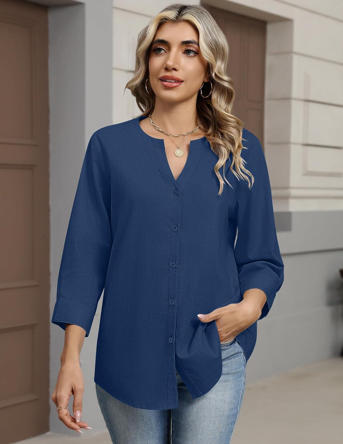 imageZeagoo Button Down Shirts for Women 34 Sleeve Linen Cotton V Neck Tops Dressy Casual Loose Work BlousesNavy Bluesa1