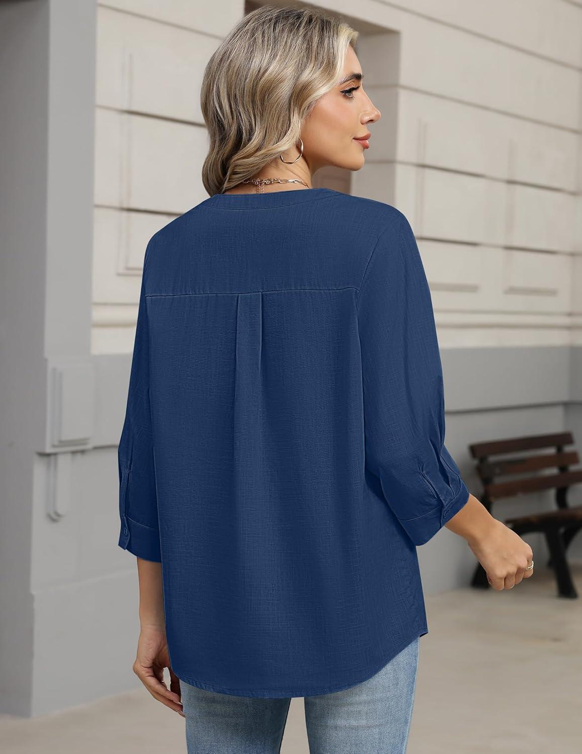 imageZeagoo Button Down Shirts for Women 34 Sleeve Linen Cotton V Neck Tops Dressy Casual Loose Work BlousesNavy Bluesa1
