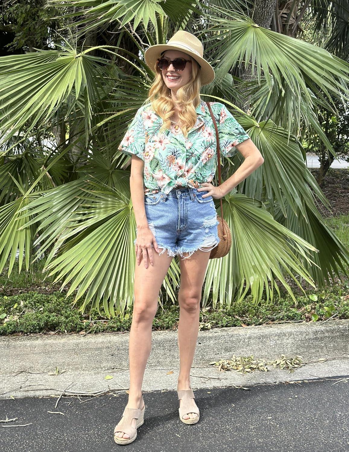 imageZeagoo Hawaiian Shirts for Women Tropical Floral Button Down Short Sleeve Blouses Summer Beach Shirt Vacation TopsAgreen Tropical