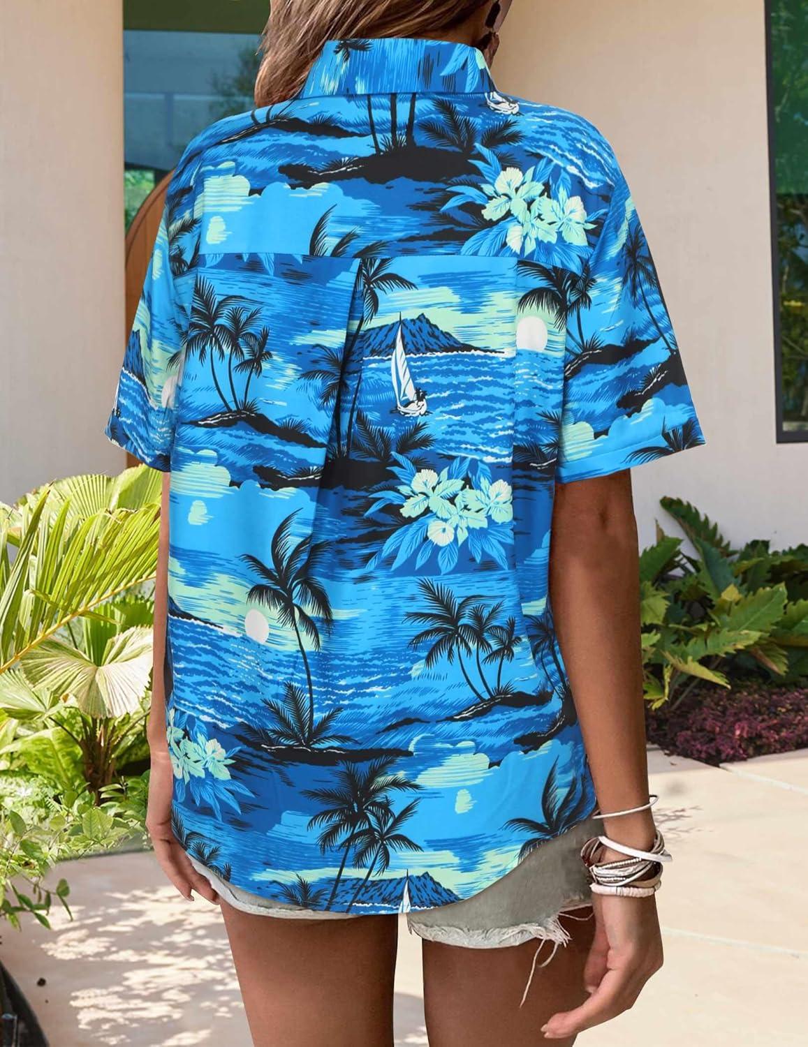 imageZeagoo Hawaiian Shirts for Women Tropical Floral Button Down Short Sleeve Blouses Summer Beach Shirt Vacation TopsBlue Hawaiian