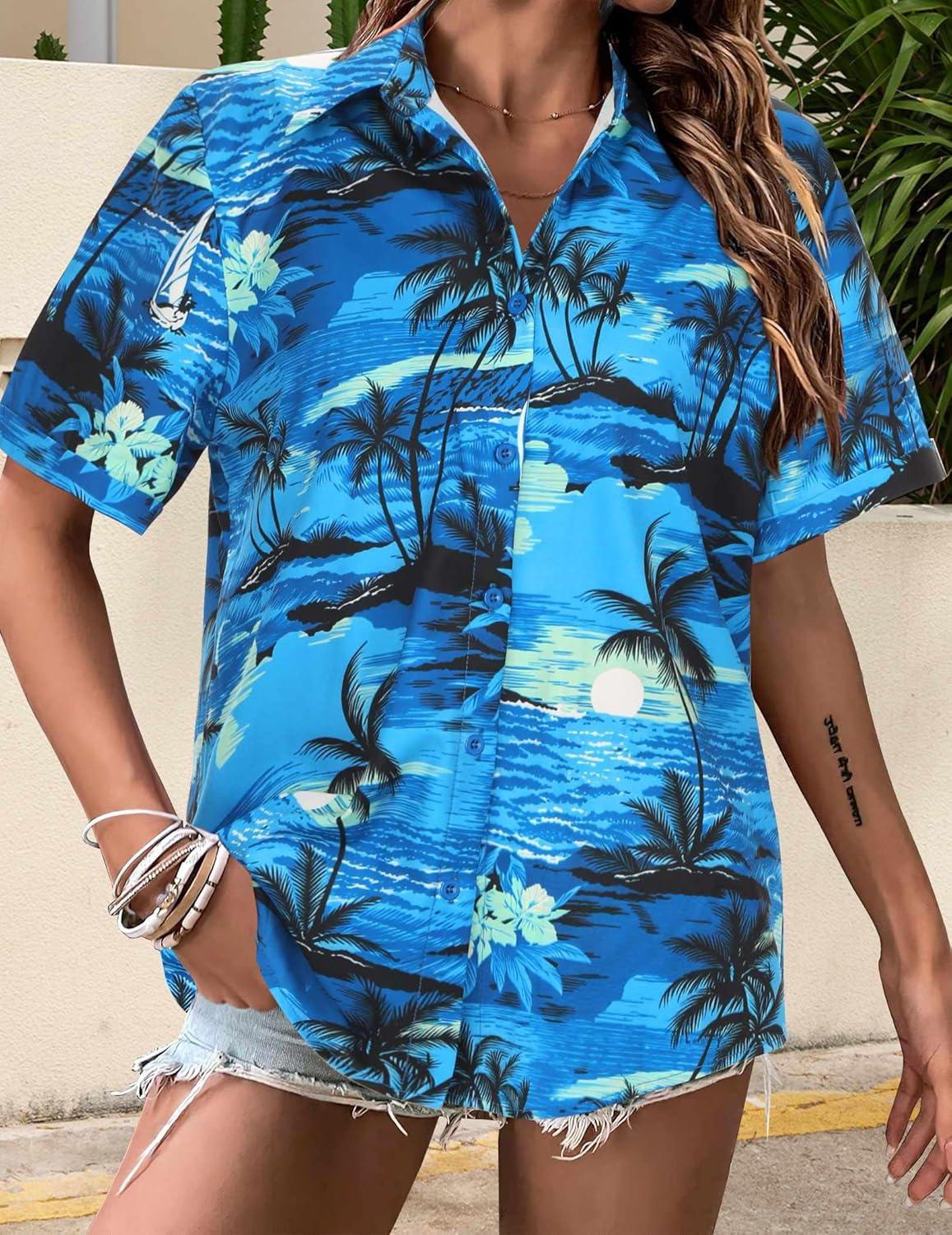imageZeagoo Hawaiian Shirts for Women Tropical Floral Button Down Short Sleeve Blouses Summer Beach Shirt Vacation TopsBlue Hawaiian