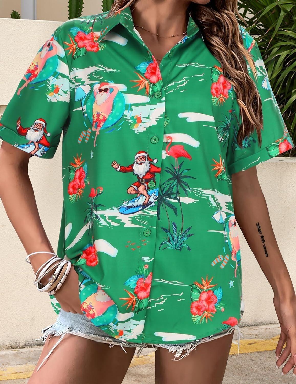 imageZeagoo Hawaiian Shirts for Women Tropical Floral Button Down Short Sleeve Blouses Summer Beach Shirt Vacation TopsZgreen Christmas