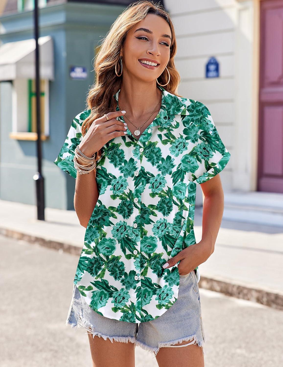 imageZeagoo Ladies Button Down Shirts Short Sleeve Hawaiian Top V Neck Boho Leaf Print Summer Outfit Blouses
