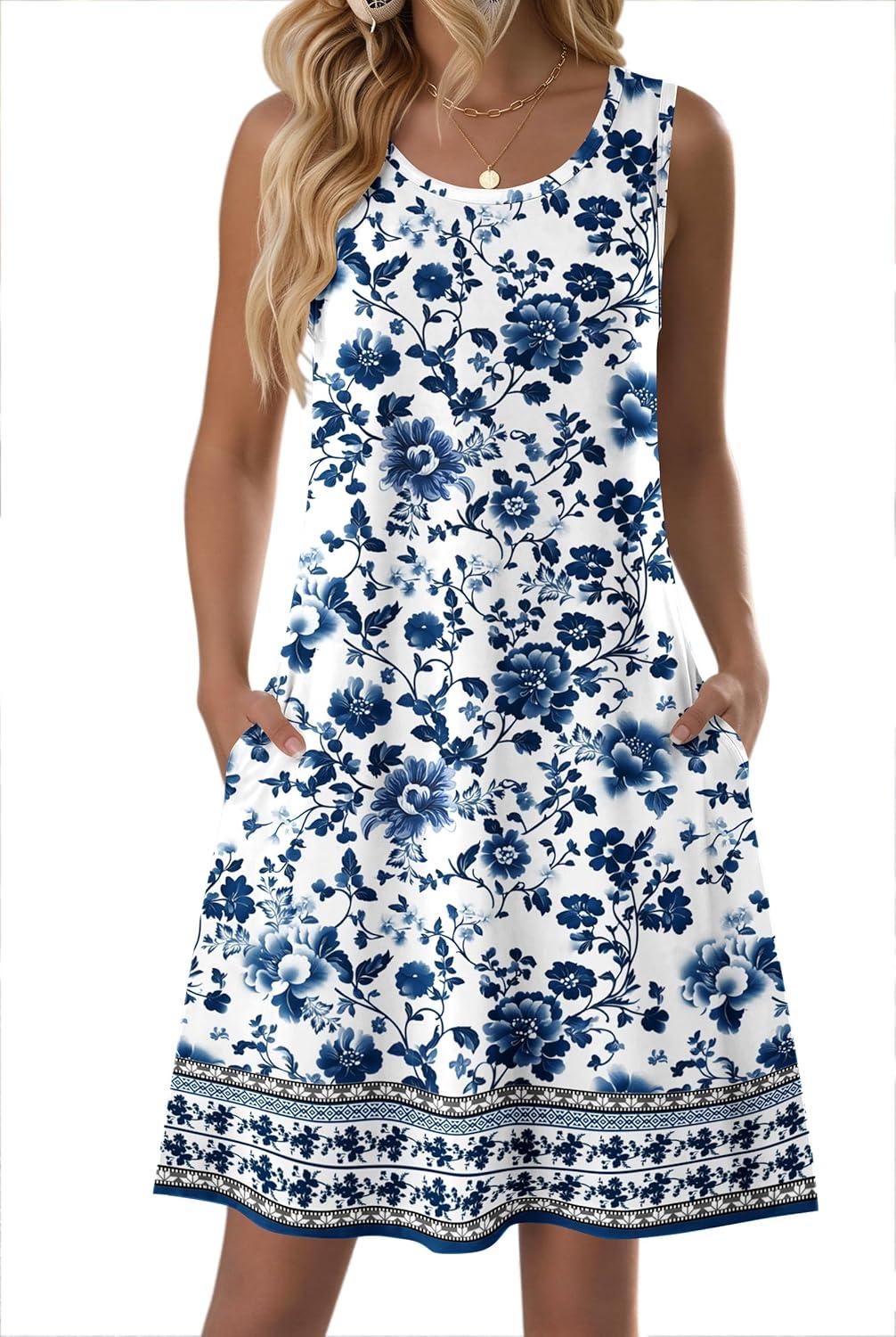 imageZeagoo Summer Dresses for Women 2026 Sleeveless Casual Floral Tshirt Sundress with Pockets Loose Tank Beach DressMz950