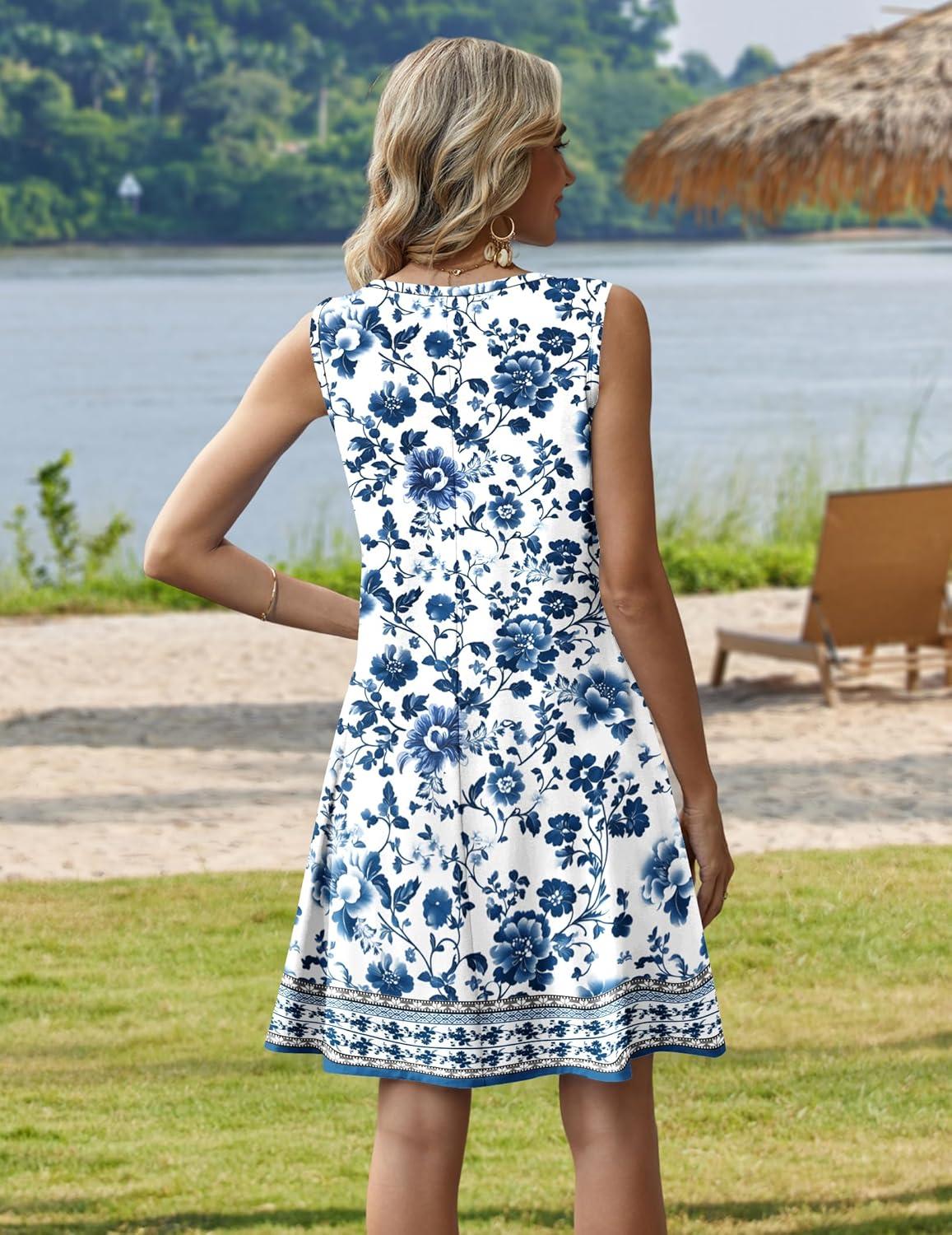 imageZeagoo Summer Dresses for Women 2026 Sleeveless Casual Floral Tshirt Sundress with Pockets Loose Tank Beach DressMz950