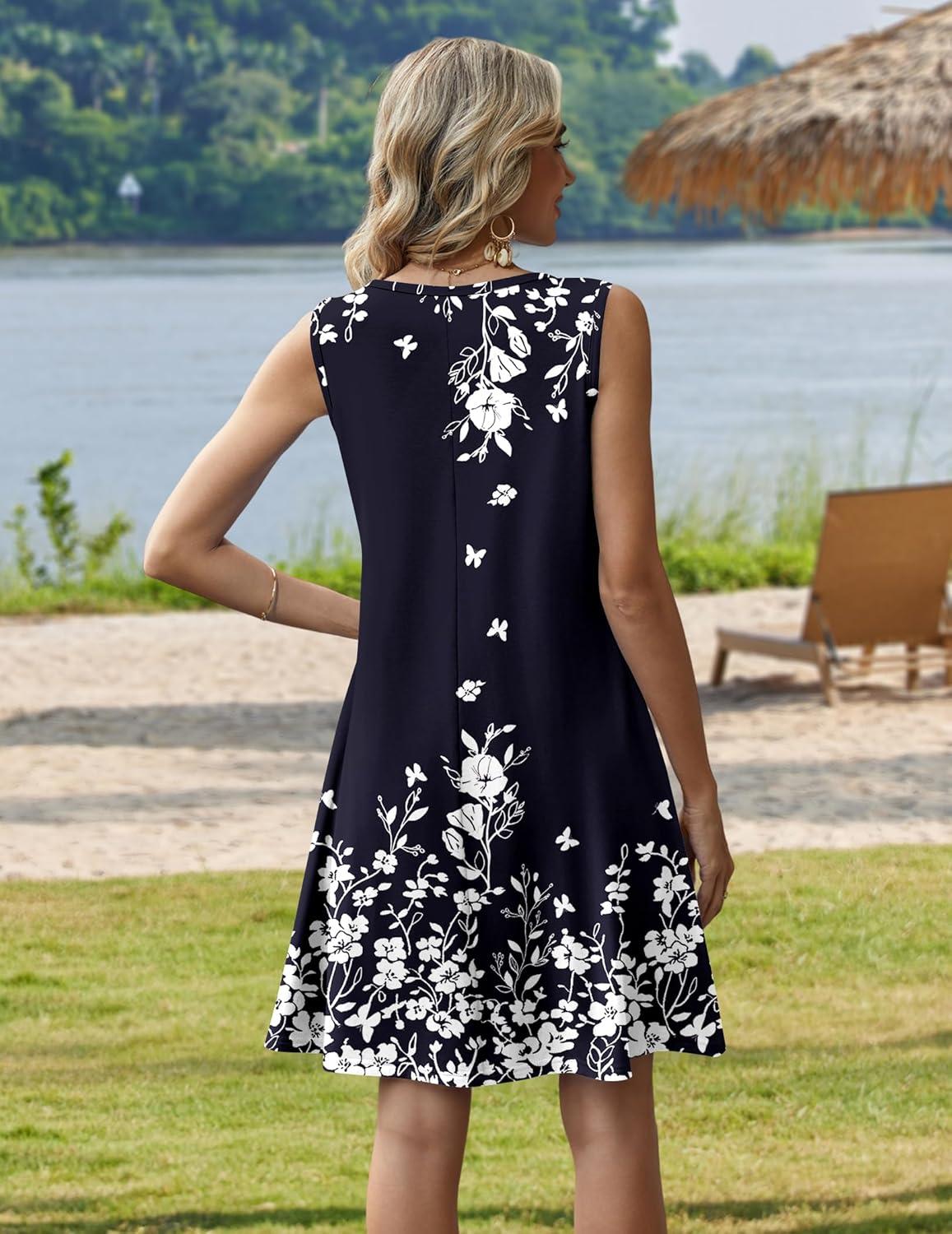 imageZeagoo Summer Dresses for Women 2026 Sleeveless Casual Floral Tshirt Sundress with Pockets Loose Tank Beach DressNavy Blue Floral
