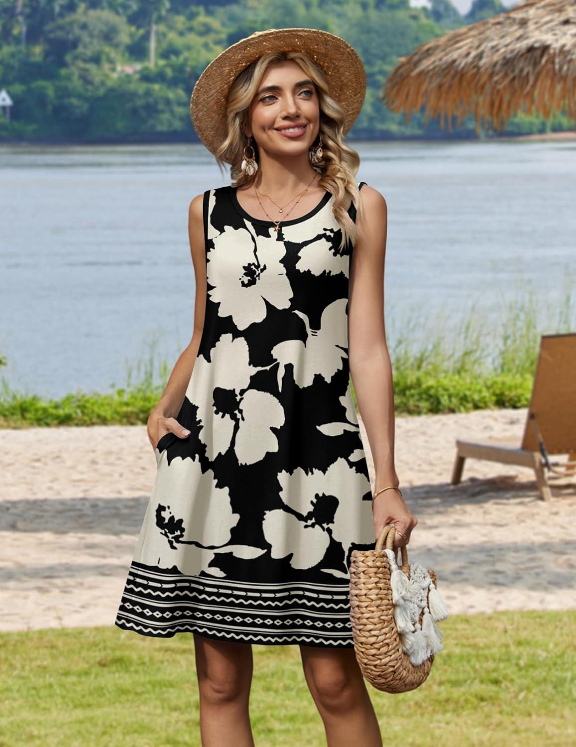 imageZeagoo Summer Dresses for Women 2026 Sleeveless Casual Floral Tshirt Sundress with Pockets Loose Tank Beach DressSf350