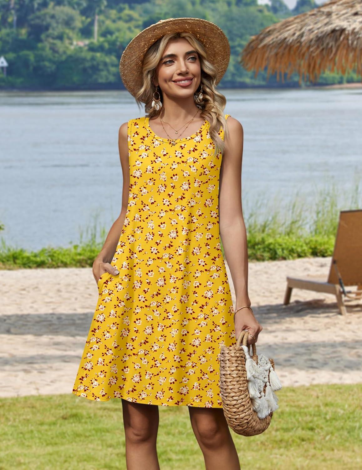 imageZeagoo Summer Dresses for Women 2026 Sleeveless Casual Floral Tshirt Sundress with Pockets Loose Tank Beach DressXh528