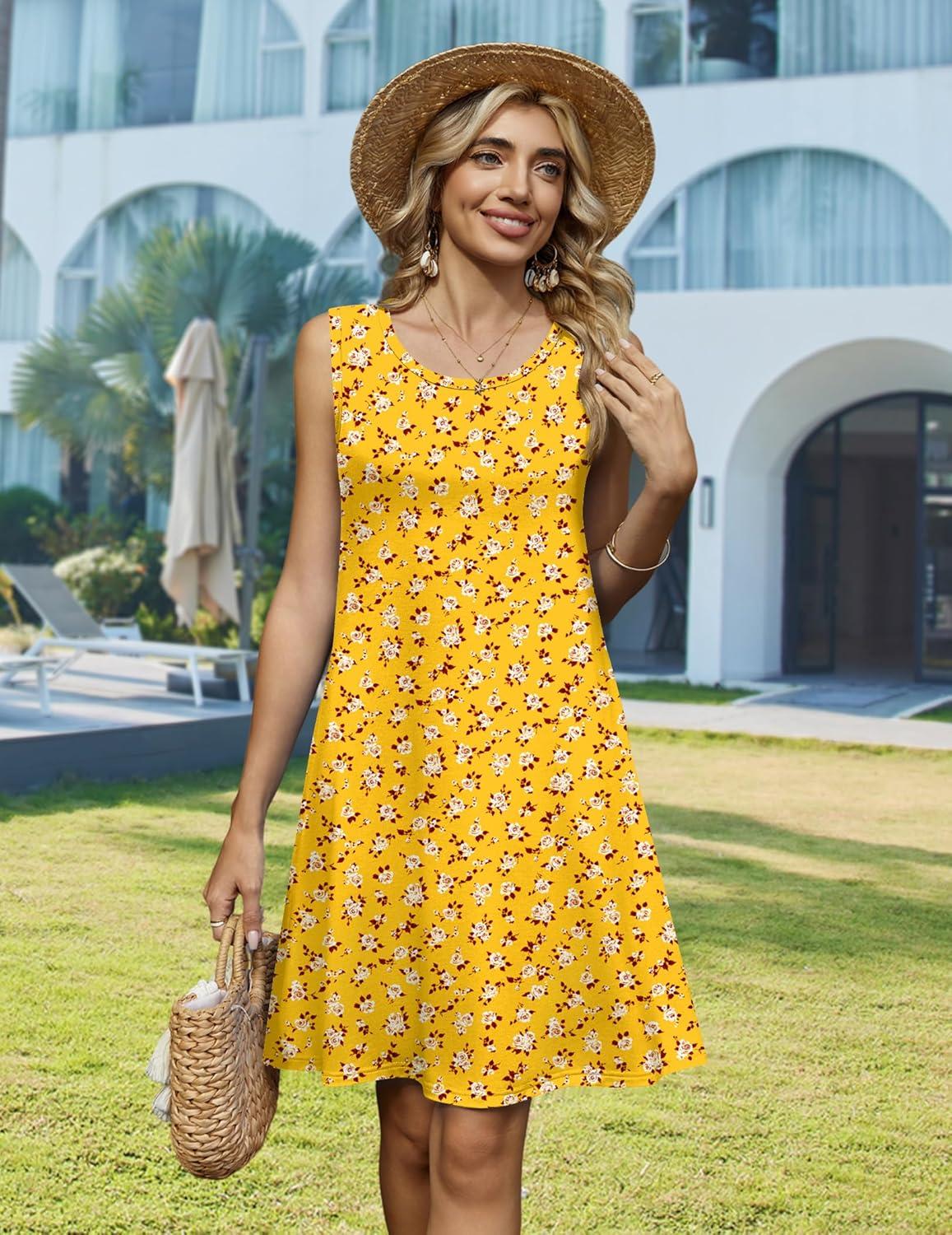 imageZeagoo Summer Dresses for Women 2026 Sleeveless Casual Floral Tshirt Sundress with Pockets Loose Tank Beach DressXh528