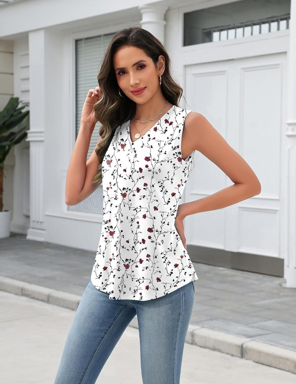 imageZeagoo Tank Top for Women V Neck Loose Fit Sleeveless Summer Tops Business Casual Outfits Dressy Blouses ShirtsFloral Printsf224