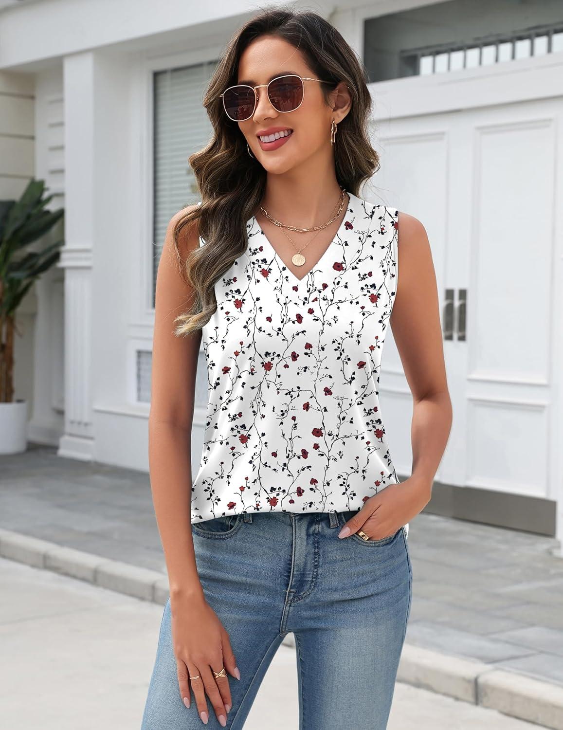 imageZeagoo Tank Top for Women V Neck Loose Fit Sleeveless Summer Tops Business Casual Outfits Dressy Blouses ShirtsFloral Printsf224