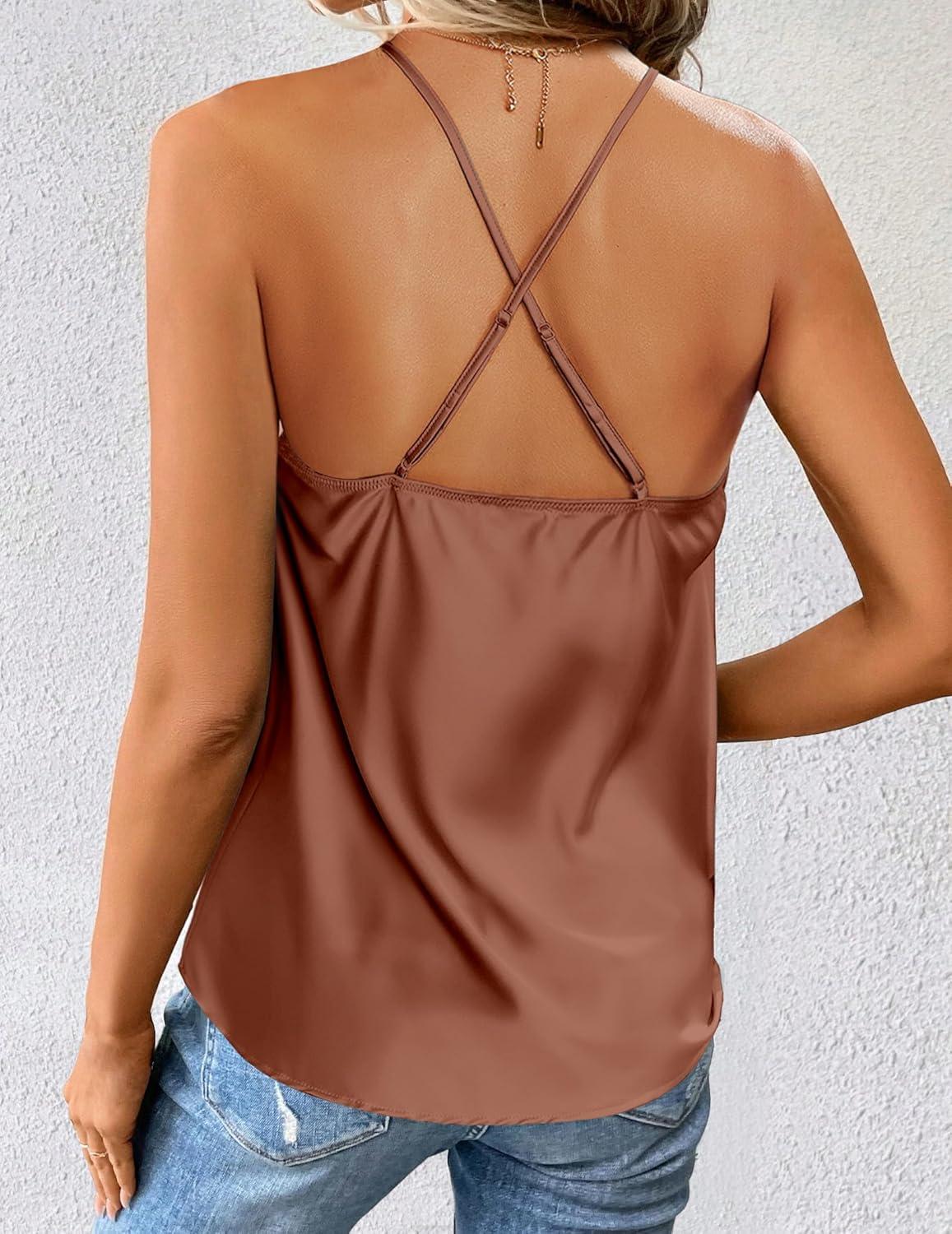 imageZeagoo Womens Cowl Neck Satin Camisole Sleeveless Sexy Spaghetti Strap Silk Cami Backless Tank Tops Halter Basic Tank Shirts Brown