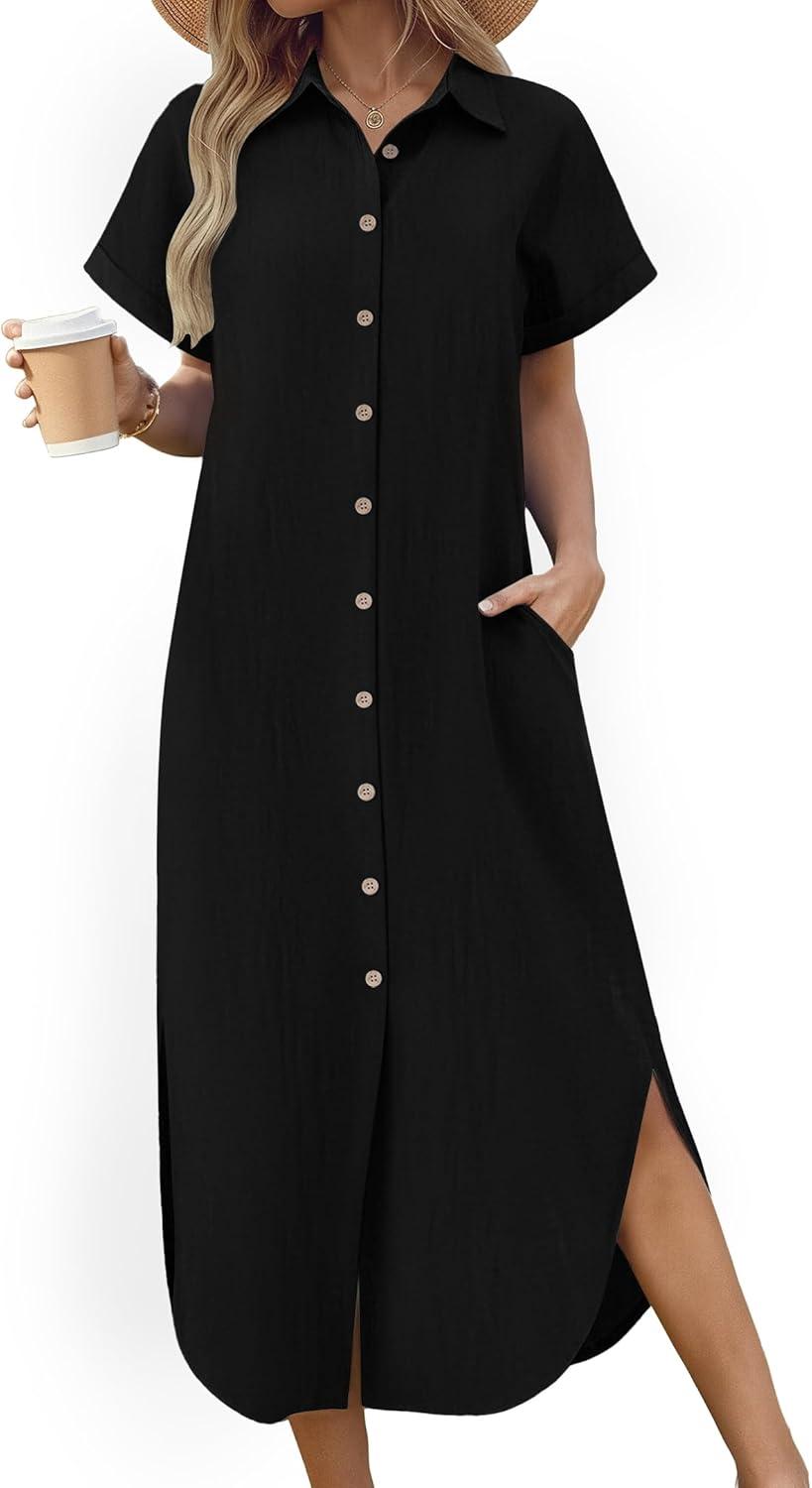imageZeagoo Womens Dresses Casual Summer Short Sleeve Button Down Long Shirt Dresses Swimsuit Beach Cover Ups with Pockets01black