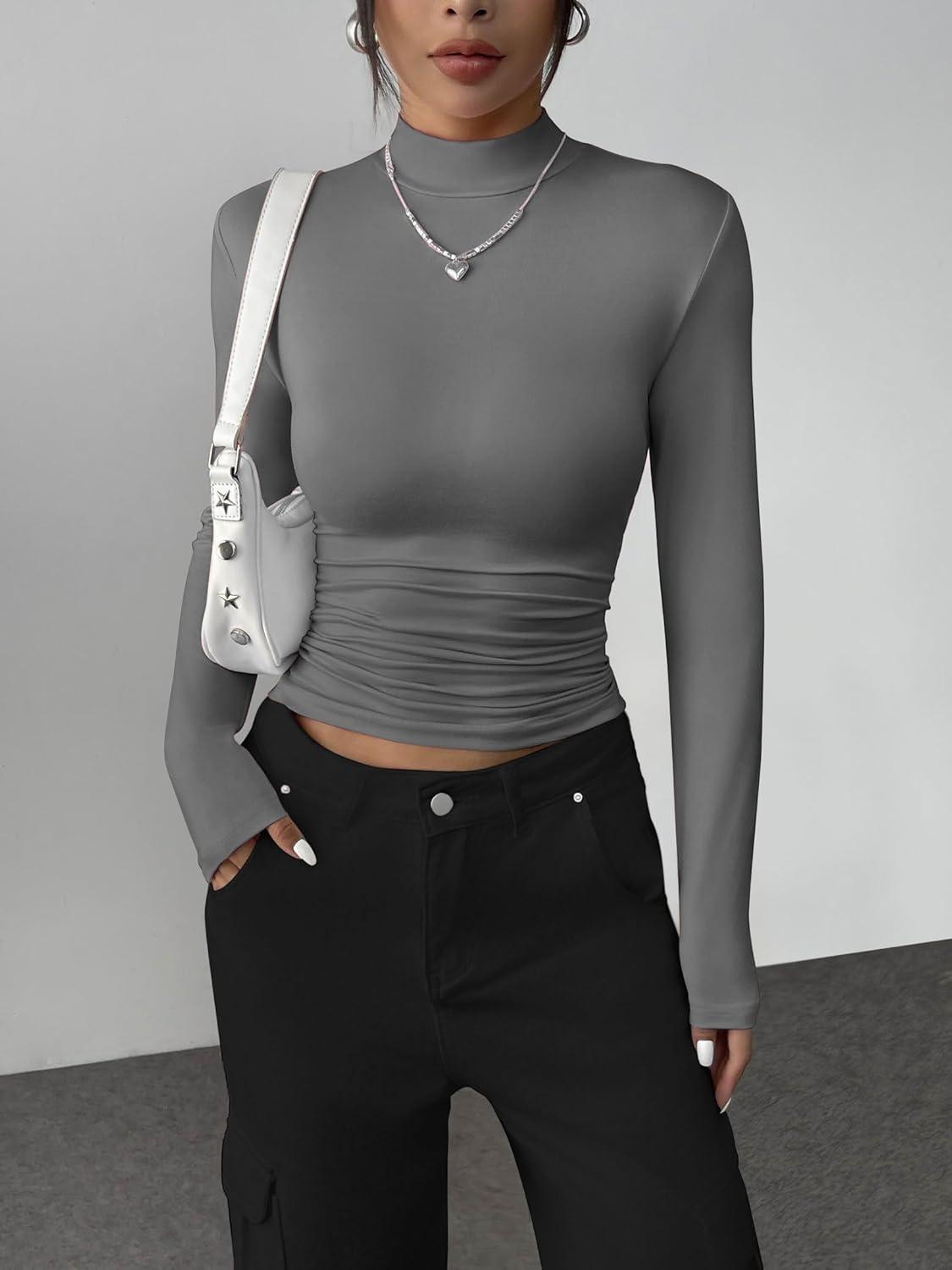imageZeagoo Womens Long Sleeve Shirts Mock Neck Basic Slim Fitted Tops Lightweight Stretch Base Layer TShirtDark Grey