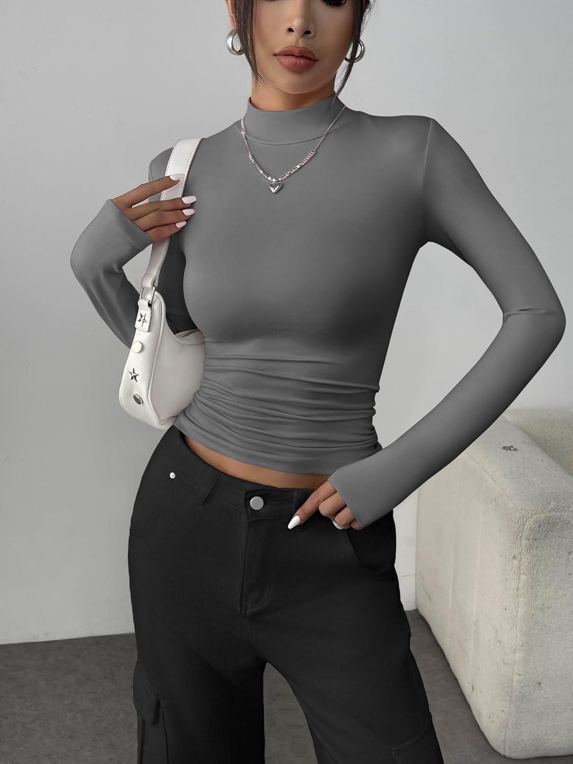 imageZeagoo Womens Long Sleeve Shirts Mock Neck Basic Slim Fitted Tops Lightweight Stretch Base Layer TShirtDark Grey
