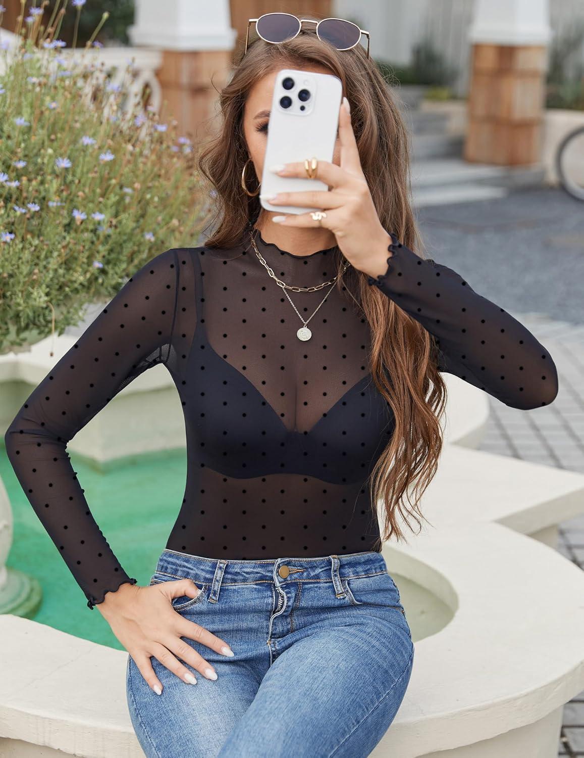 imageZeagoo Womens Mesh Long Sleeve Tops Mock Neck Going Out See Through Shirts Sexy Sheer Blouses Clubwear SXXLBlack Polka Dot