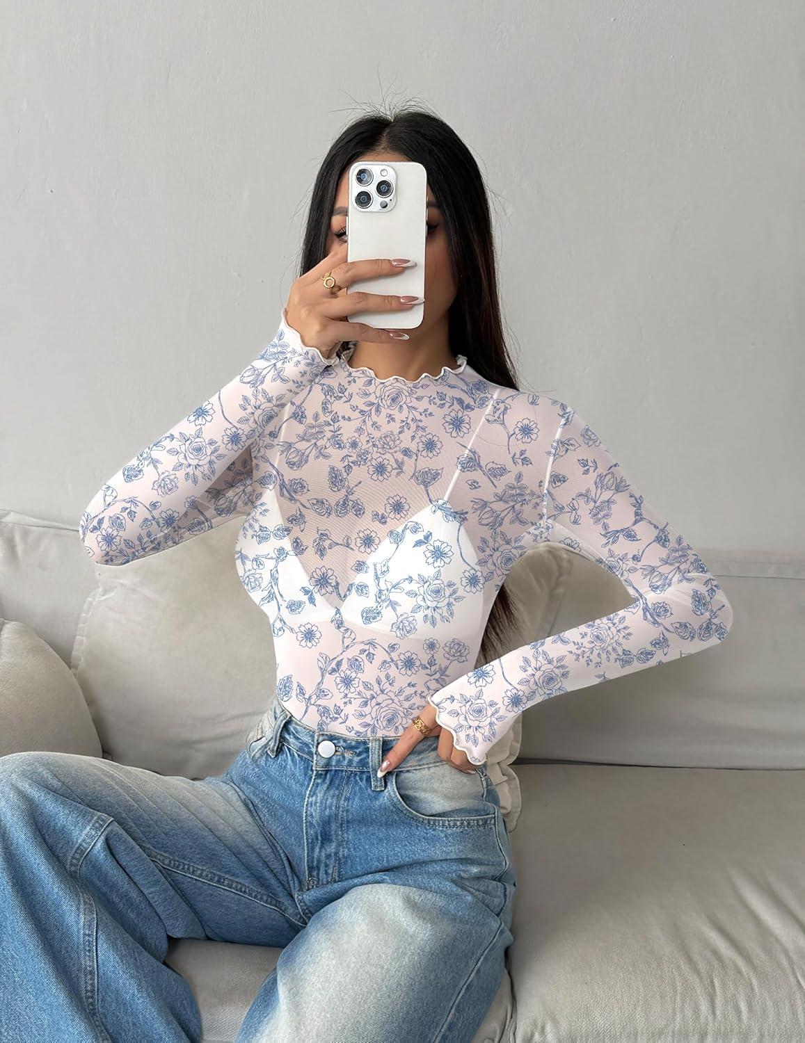 imageZeagoo Womens Mesh Long Sleeve Tops Mock Neck Going Out See Through Shirts Sexy Sheer Blouses Clubwear SXXLSf327