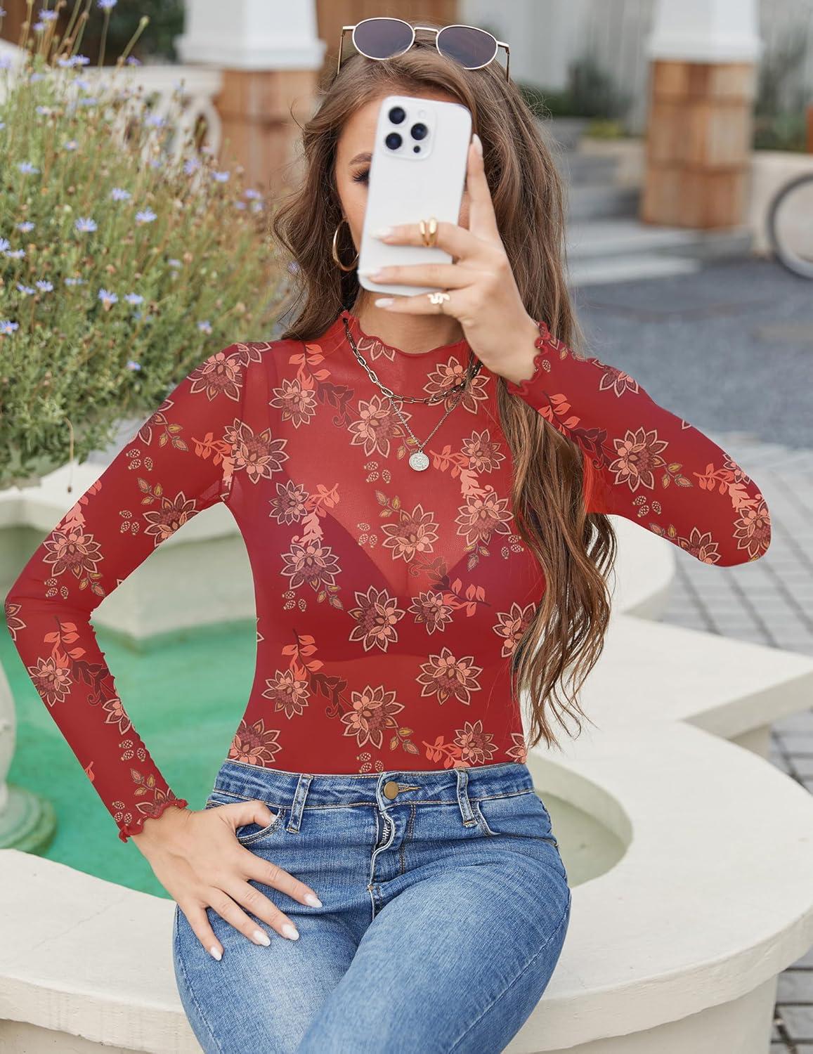 imageZeagoo Womens Mesh Long Sleeve Tops Mock Neck Going Out See Through Shirts Sexy Sheer Blouses Clubwear SXXLSf328