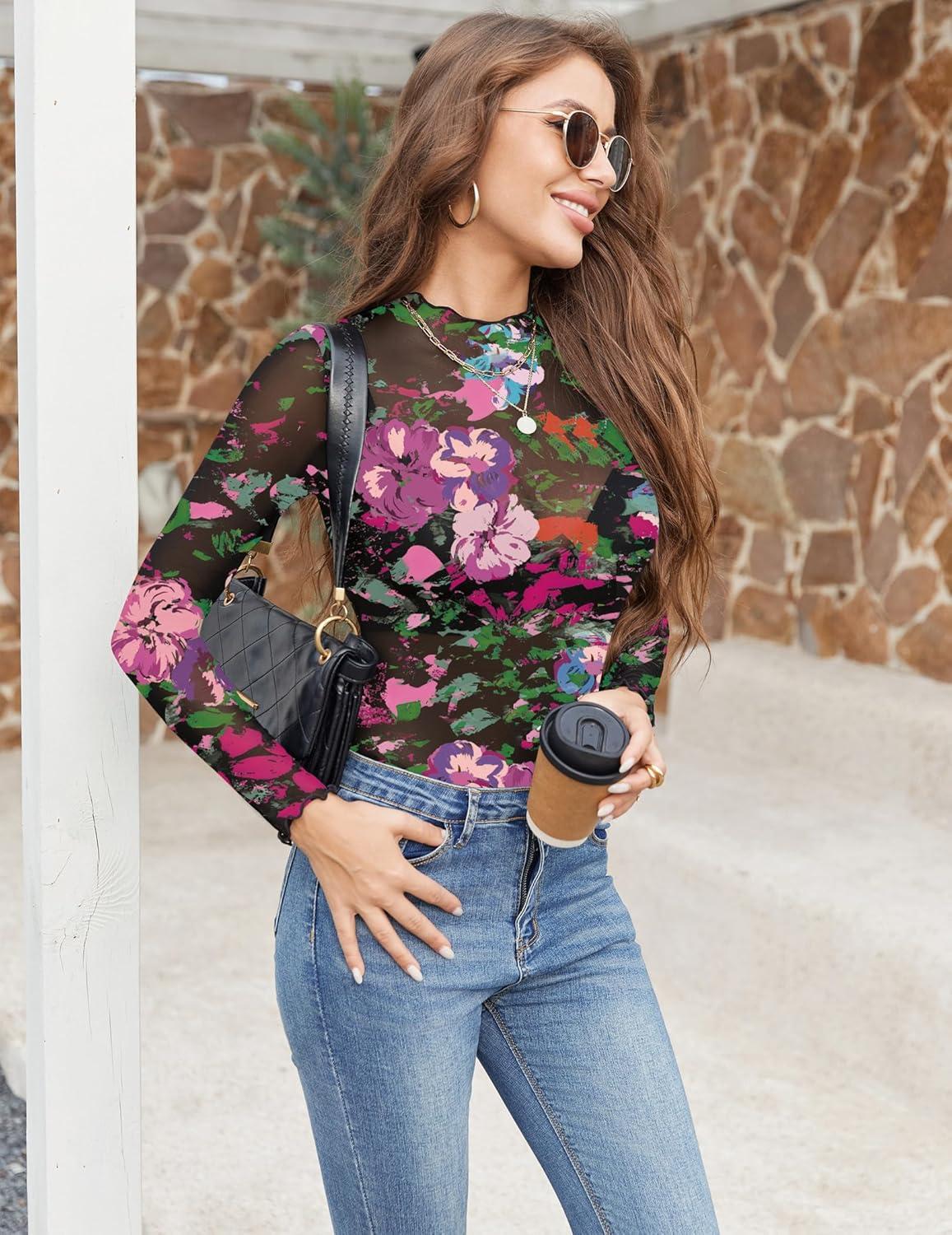imageZeagoo Womens Mesh Long Sleeve Tops Mock Neck Going Out See Through Shirts Sexy Sheer Blouses Clubwear SXXLWf138