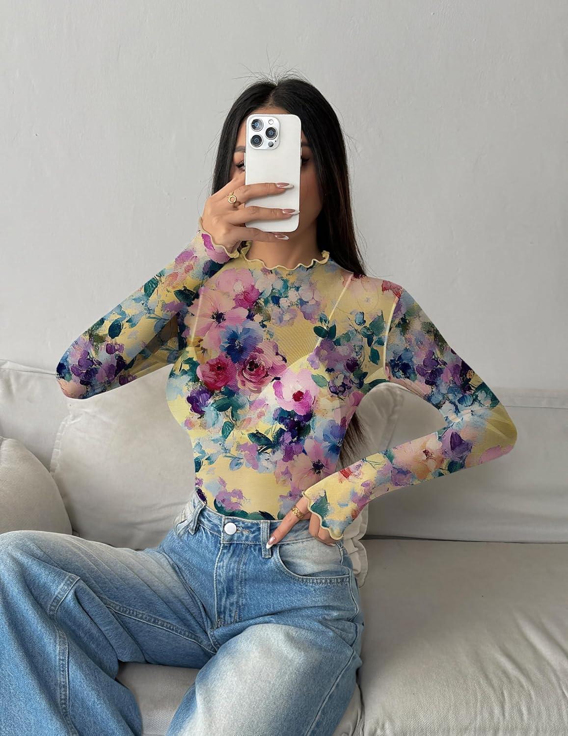 imageZeagoo Womens Mesh Long Sleeve Tops Mock Neck Going Out See Through Shirts Sexy Sheer Blouses Clubwear SXXLWf146