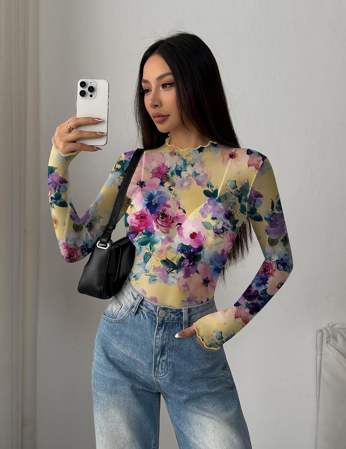 imageZeagoo Womens Mesh Long Sleeve Tops Mock Neck Going Out See Through Shirts Sexy Sheer Blouses Clubwear SXXLWf146
