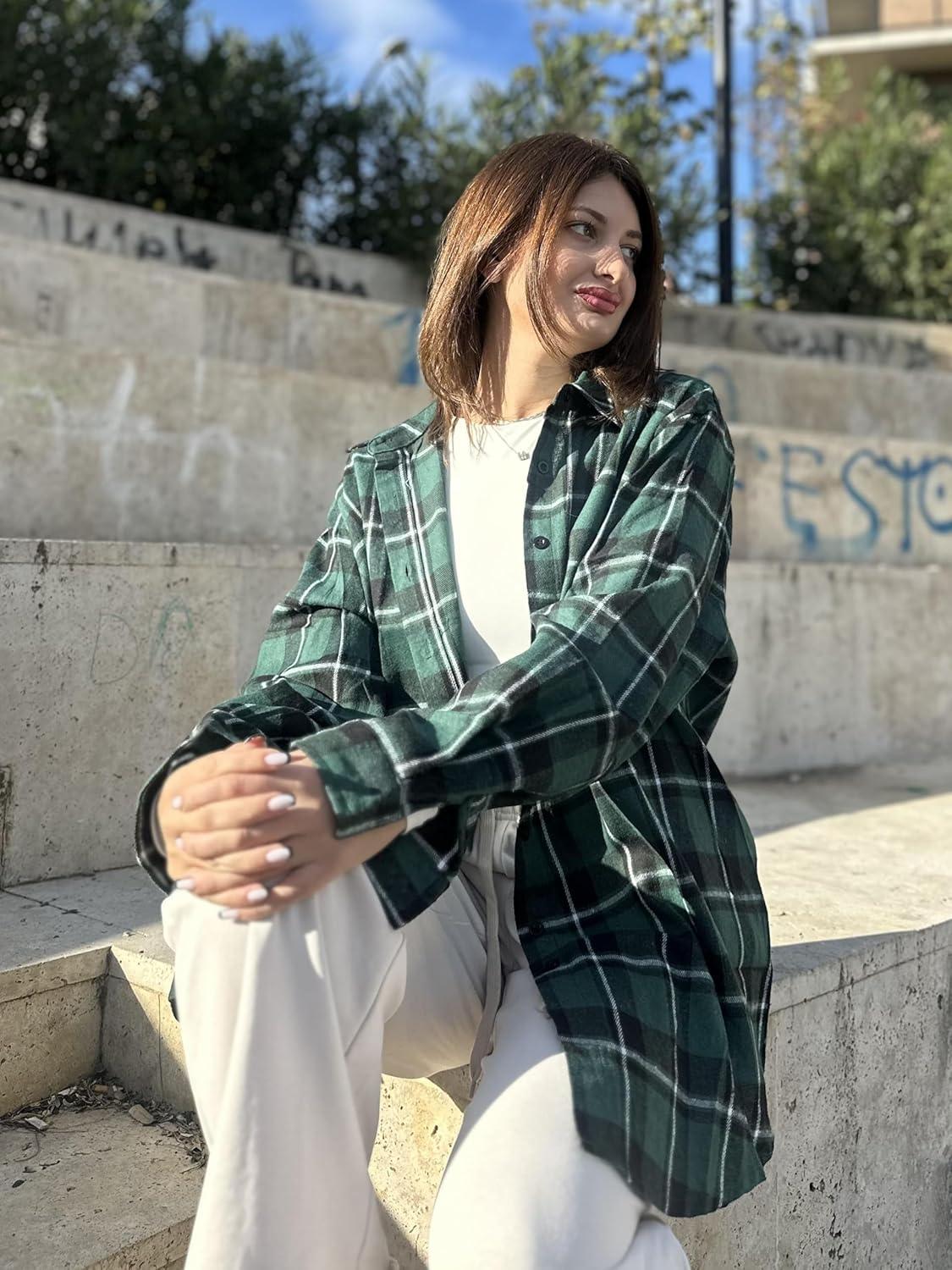 imageZeagoo Womens Plus Size Flannel Shirts Plaid Shirts Long Sleeves Casual Button Down Collared Shacket TopsAgreen