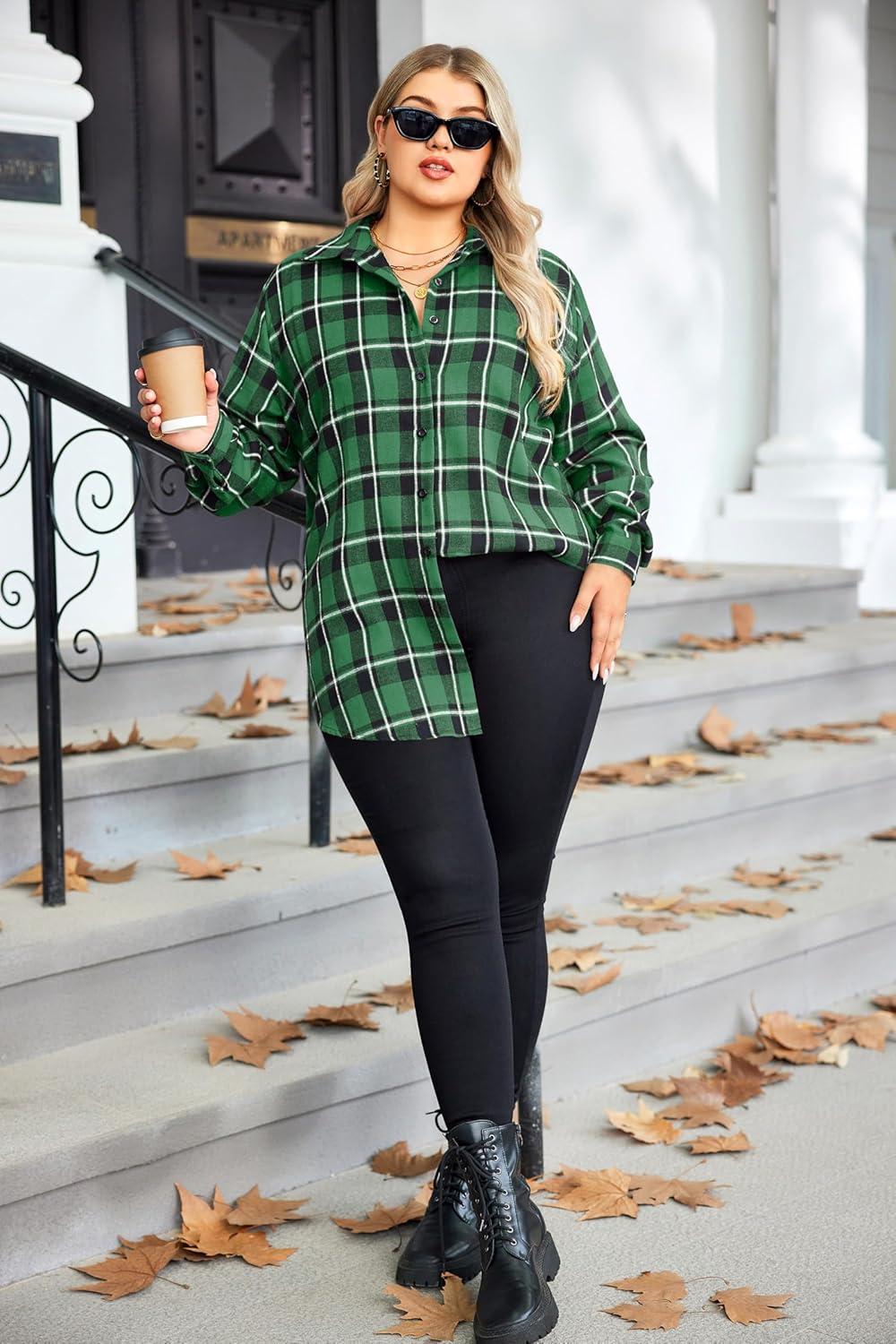 imageZeagoo Womens Plus Size Flannel Shirts Plaid Shirts Long Sleeves Casual Button Down Collared Shacket TopsAgreen