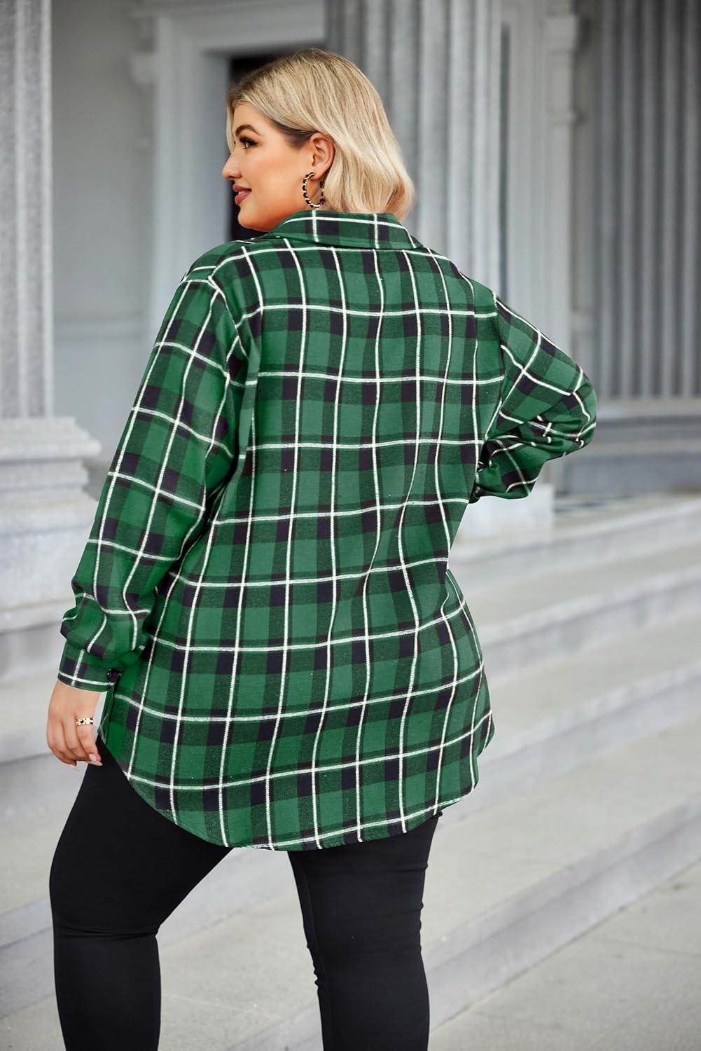 imageZeagoo Womens Plus Size Flannel Shirts Plaid Shirts Long Sleeves Casual Button Down Collared Shacket TopsAgreen