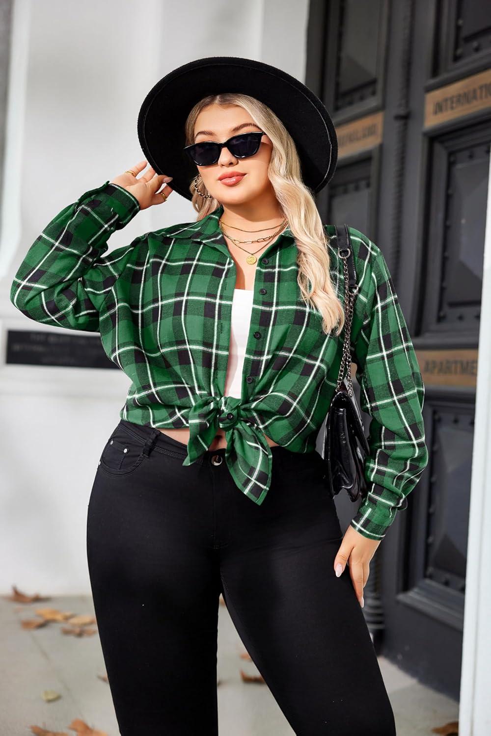 imageZeagoo Womens Plus Size Flannel Shirts Plaid Shirts Long Sleeves Casual Button Down Collared Shacket TopsAgreen