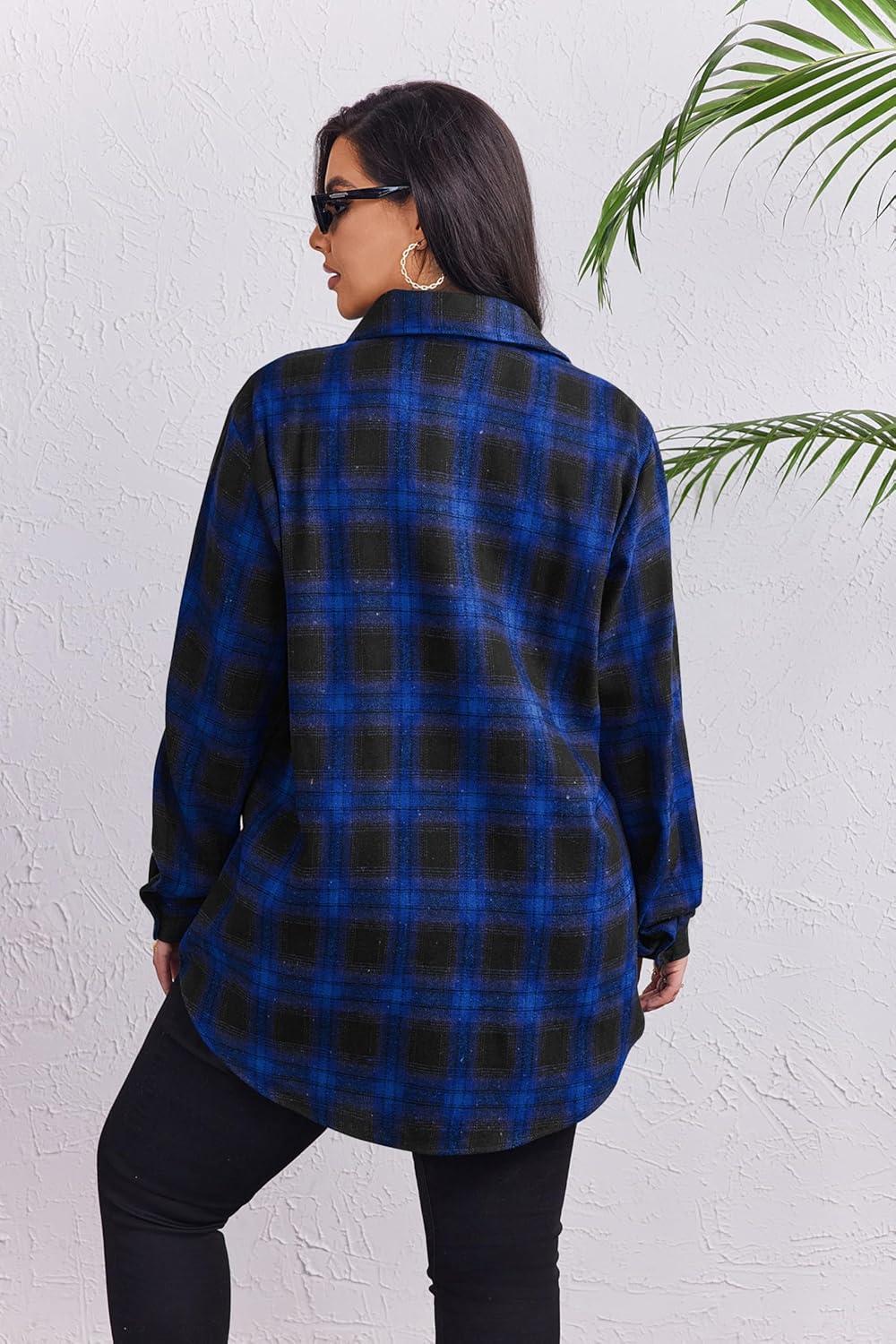 imageZeagoo Womens Plus Size Flannel Shirts Plaid Shirts Long Sleeves Casual Button Down Collared Shacket TopsBblue