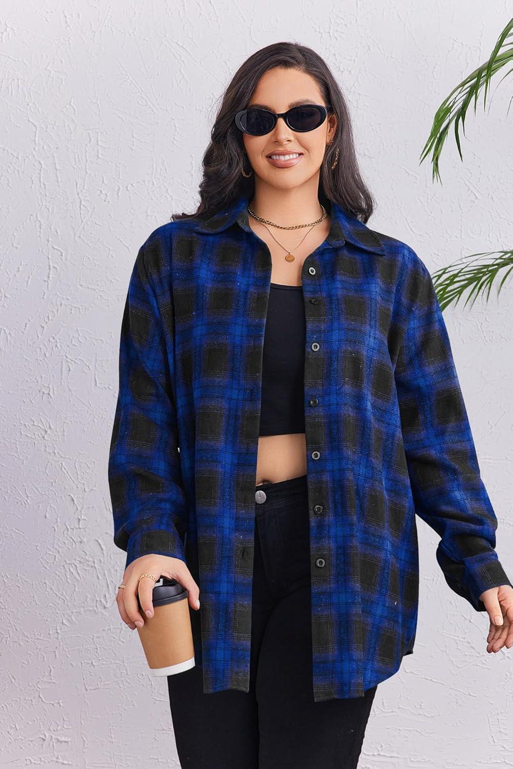 imageZeagoo Womens Plus Size Flannel Shirts Plaid Shirts Long Sleeves Casual Button Down Collared Shacket TopsBblue