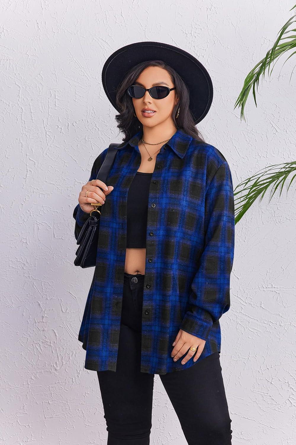 imageZeagoo Womens Plus Size Flannel Shirts Plaid Shirts Long Sleeves Casual Button Down Collared Shacket TopsBblue