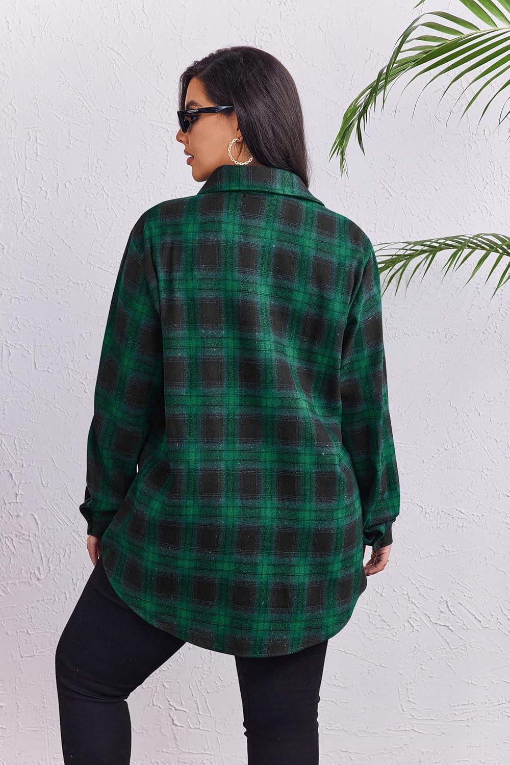 imageZeagoo Womens Plus Size Flannel Shirts Plaid Shirts Long Sleeves Casual Button Down Collared Shacket TopsBgreen