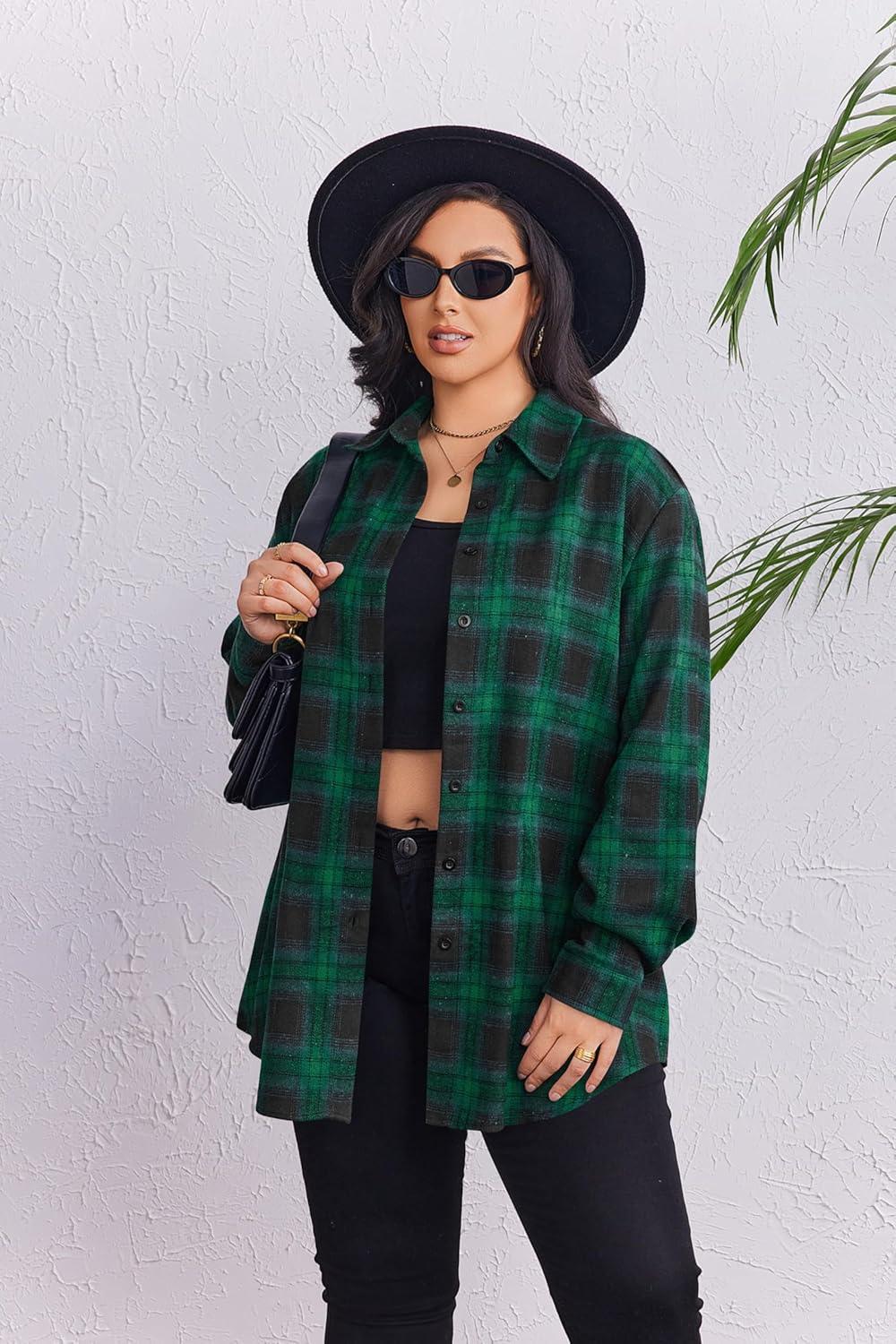 imageZeagoo Womens Plus Size Flannel Shirts Plaid Shirts Long Sleeves Casual Button Down Collared Shacket TopsBgreen