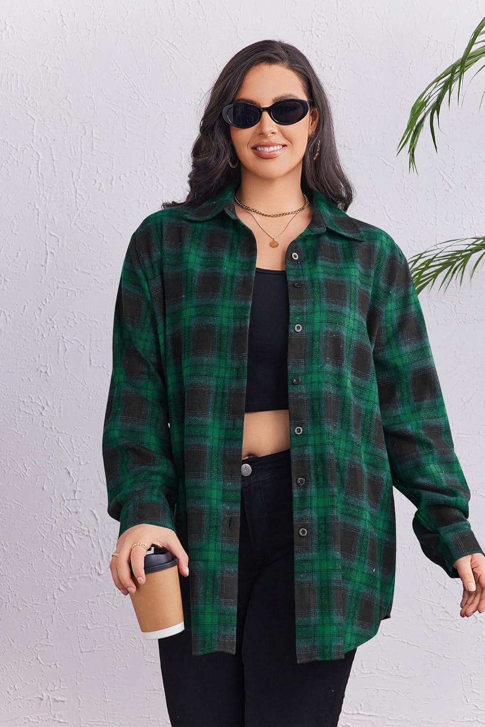 imageZeagoo Womens Plus Size Flannel Shirts Plaid Shirts Long Sleeves Casual Button Down Collared Shacket TopsBgreen