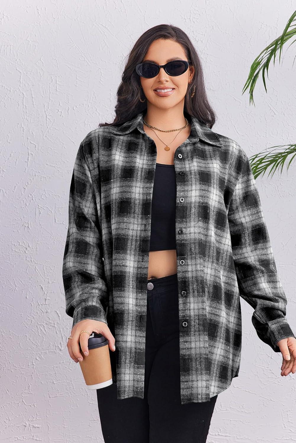 imageZeagoo Womens Plus Size Flannel Shirts Plaid Shirts Long Sleeves Casual Button Down Collared Shacket TopsBlack