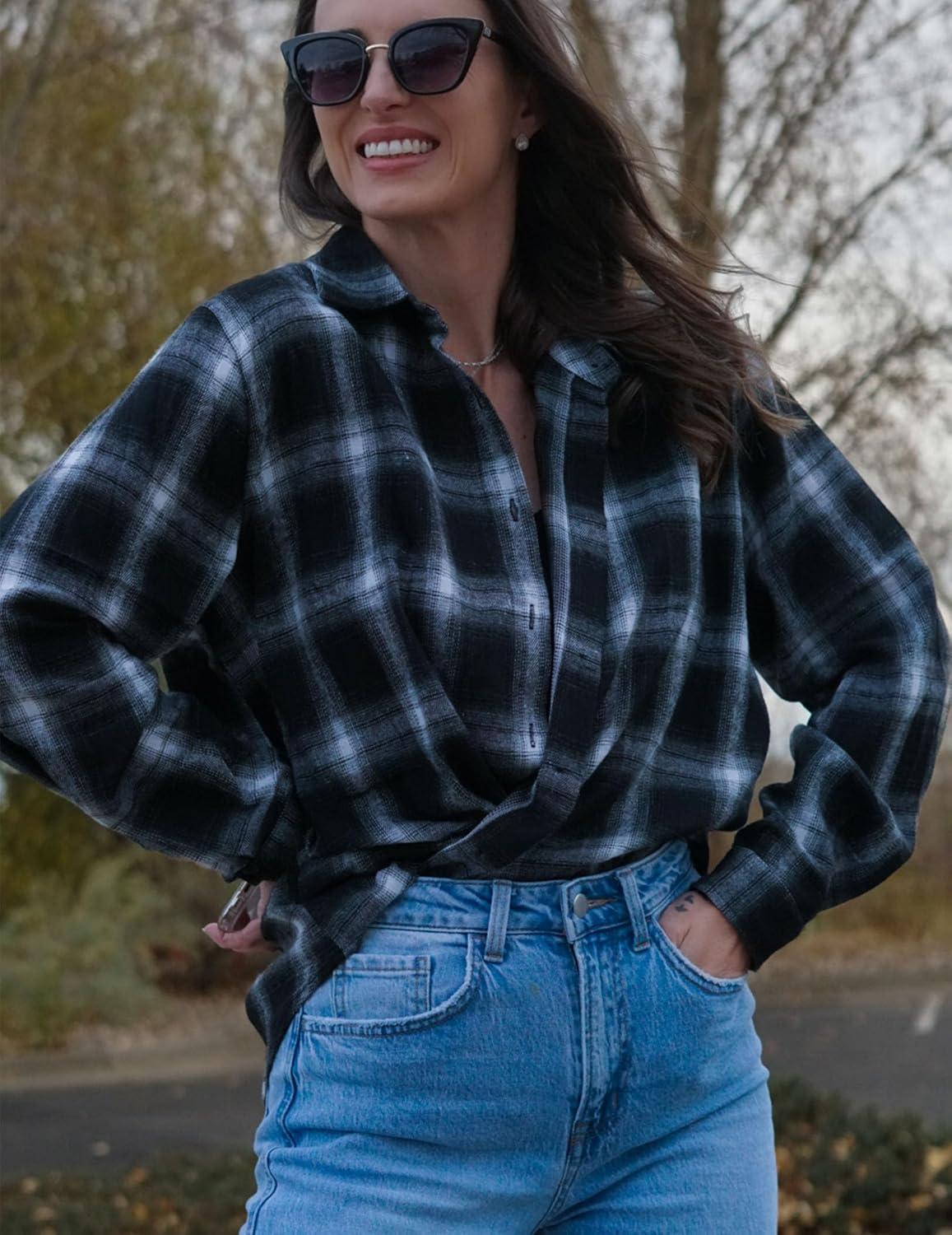 imageZeagoo Womens Plus Size Flannel Shirts Plaid Shirts Long Sleeves Casual Button Down Collared Shacket TopsBlack