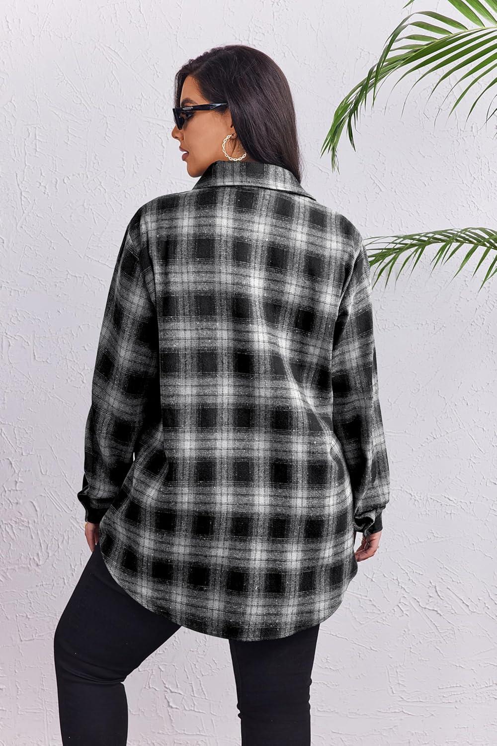 imageZeagoo Womens Plus Size Flannel Shirts Plaid Shirts Long Sleeves Casual Button Down Collared Shacket TopsBlack