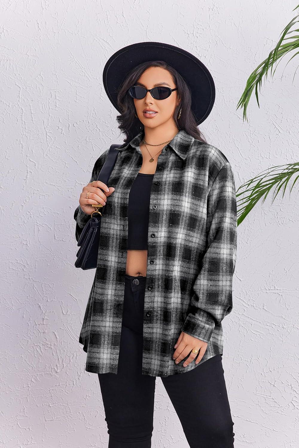 imageZeagoo Womens Plus Size Flannel Shirts Plaid Shirts Long Sleeves Casual Button Down Collared Shacket TopsBlack