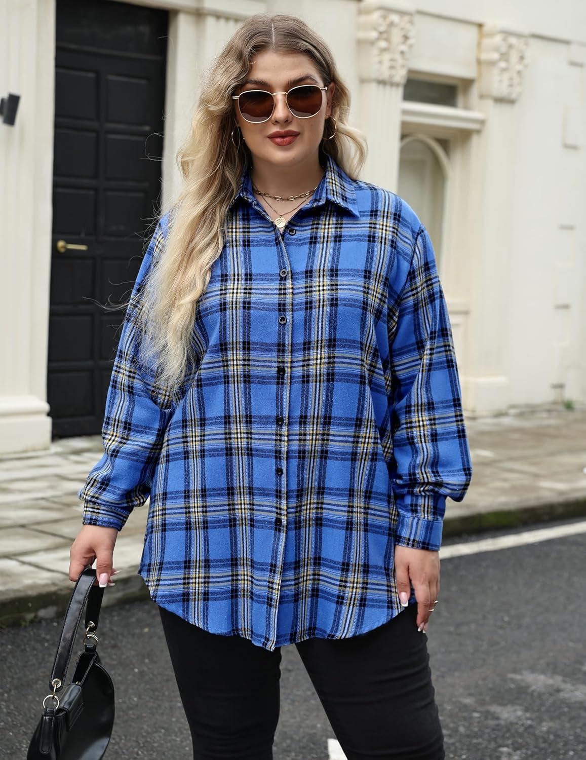 imageZeagoo Womens Plus Size Flannel Shirts Plaid Shirts Long Sleeves Casual Button Down Collared Shacket TopsBlue Black