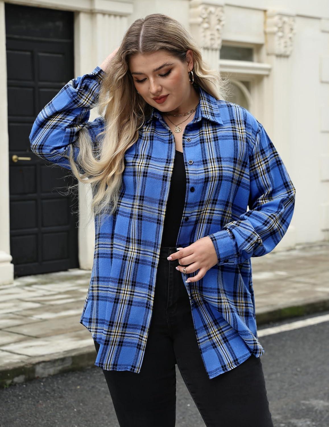 imageZeagoo Womens Plus Size Flannel Shirts Plaid Shirts Long Sleeves Casual Button Down Collared Shacket TopsBlue Black