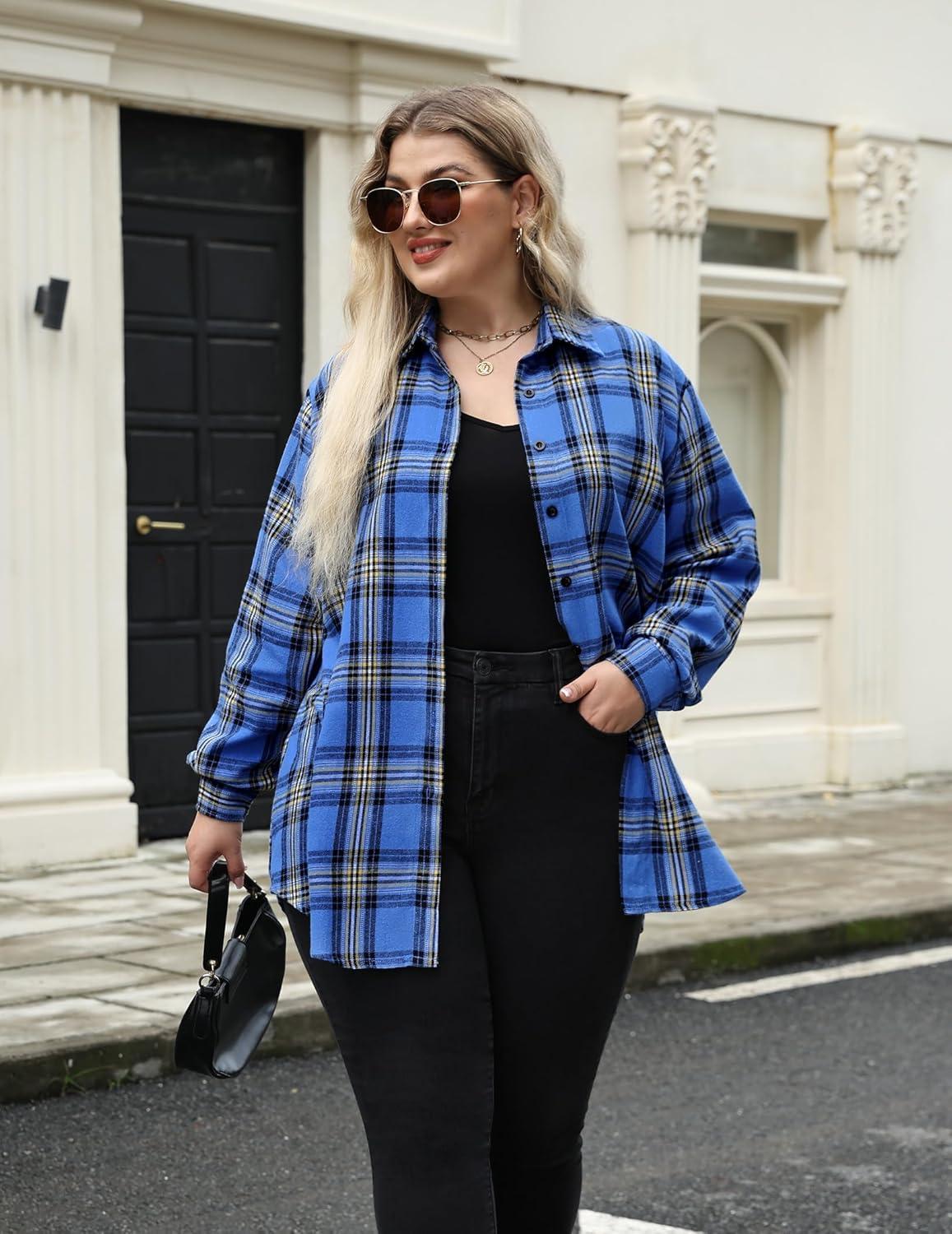imageZeagoo Womens Plus Size Flannel Shirts Plaid Shirts Long Sleeves Casual Button Down Collared Shacket TopsBlue Black