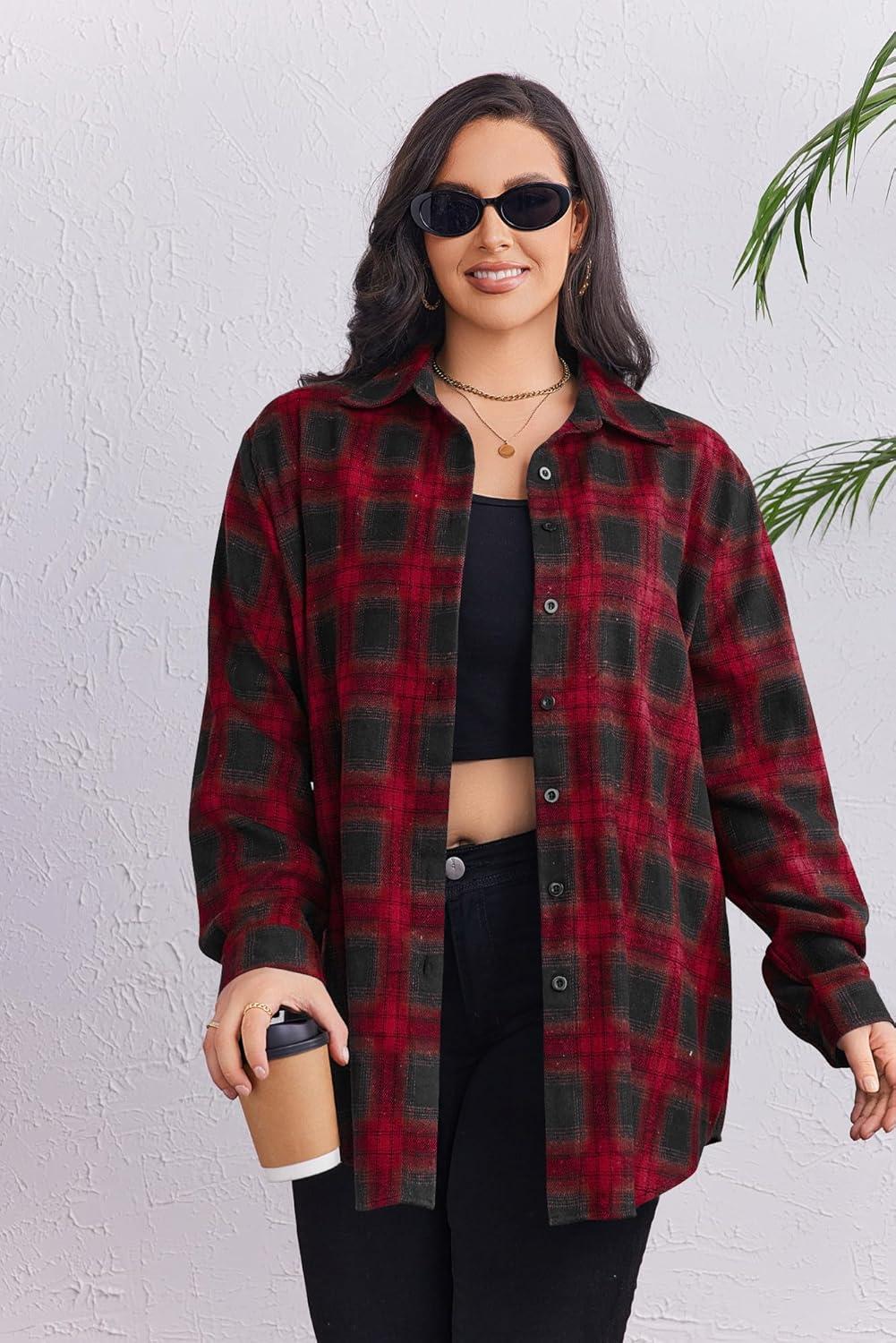 imageZeagoo Womens Plus Size Flannel Shirts Plaid Shirts Long Sleeves Casual Button Down Collared Shacket TopsBred
